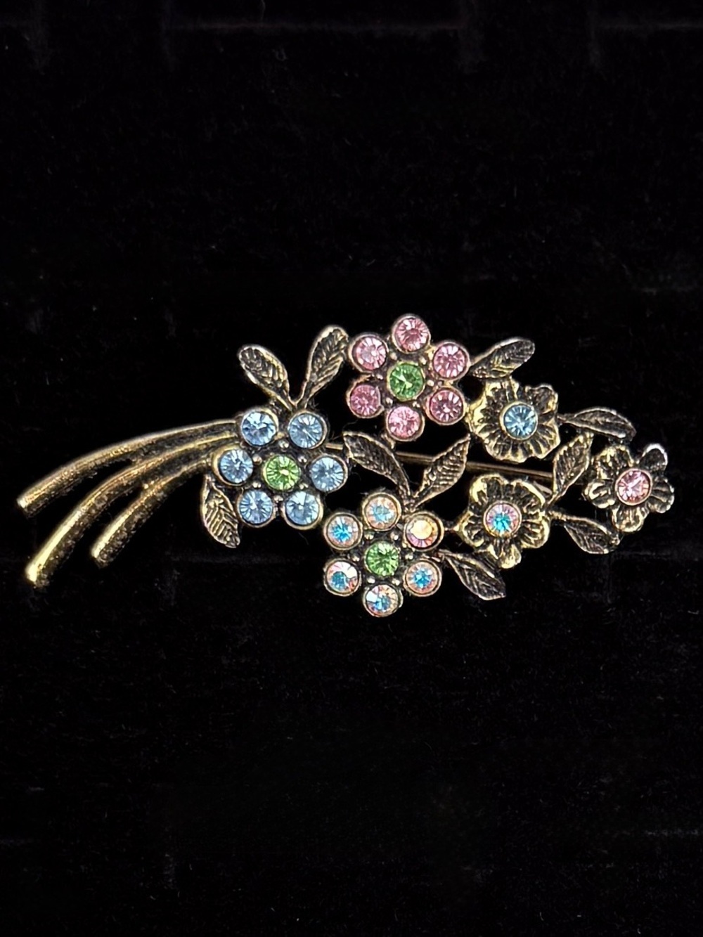 Vintage Pastel Rhinestone Floral Spray Brooch Gold Tone